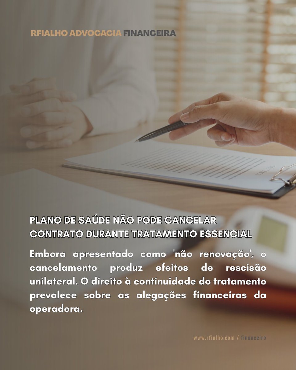 rfialhoadv's tweet photo. A decisão seguiu entendimento do STJ (Tema 1082): planos de saúde, inclusive coletivos, não podem ser cancelados quando o beneficiário está em tratamento contínuo e essencial, devendo a cobertura ser mantida até alta médica.

RFIALHO ADVOCACIA
 https://t.co/K44jlTI9XL https://t.co/qWRKgwexX2