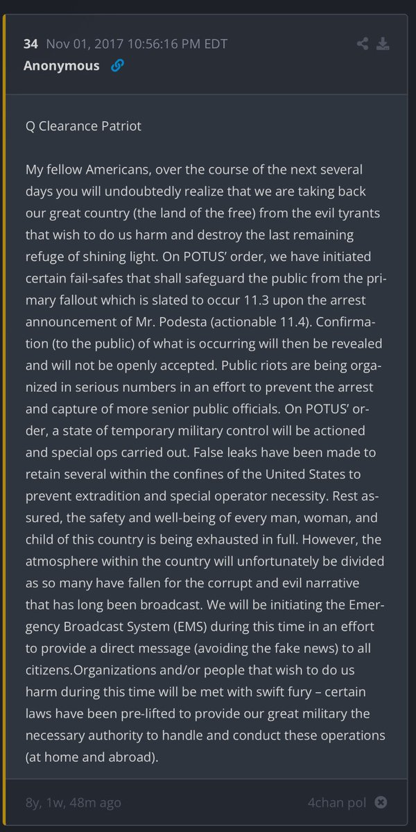 If you know, you know. 

At :34 you get this image. 

Post Q34

Q Clearance Patriot 

My fellow Americans, over the course of the next several days you will undoubtedly realize that we are taking back our great country (the land of the free) from the evil tyrants that wish to do