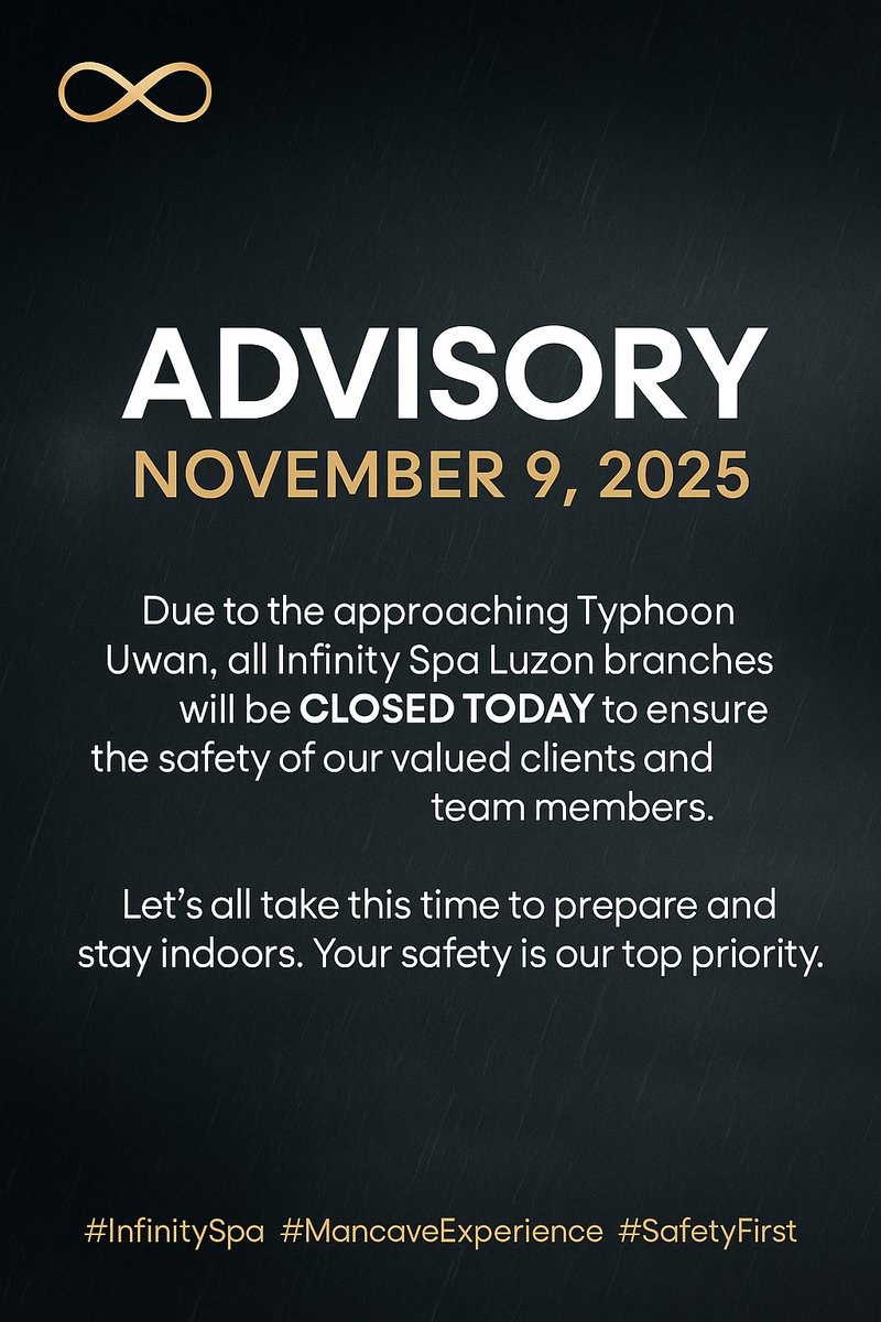 infinity_spa_ph's tweet image. Stay dry, Mancavers. Your safety comes first. 🙏🌧️
Let’s all prepare ahead and keep each other safe as Typhoon Uwan approaches. 

#InfinitySpa #TyphoonUwan #ServiceAdvisory