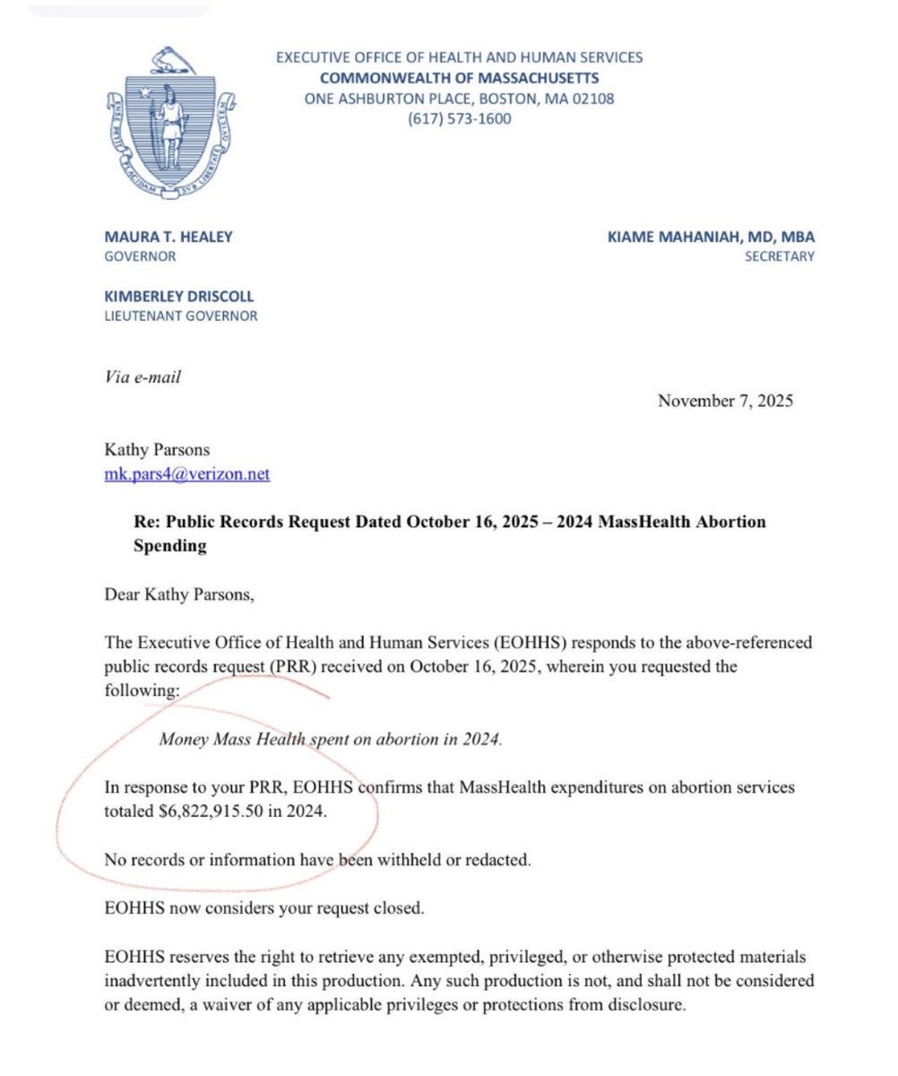 _davided's tweet image. Tax payers in Massachusetts paid $6,822,915.50 in abortion expenditures in 2024.
OR-Boston published a report from the Commonwealth that confirms MassHealth expenditures on abortion services totaled $6,822,915.50 in 2024.
No records or information have been withheld or redacted.