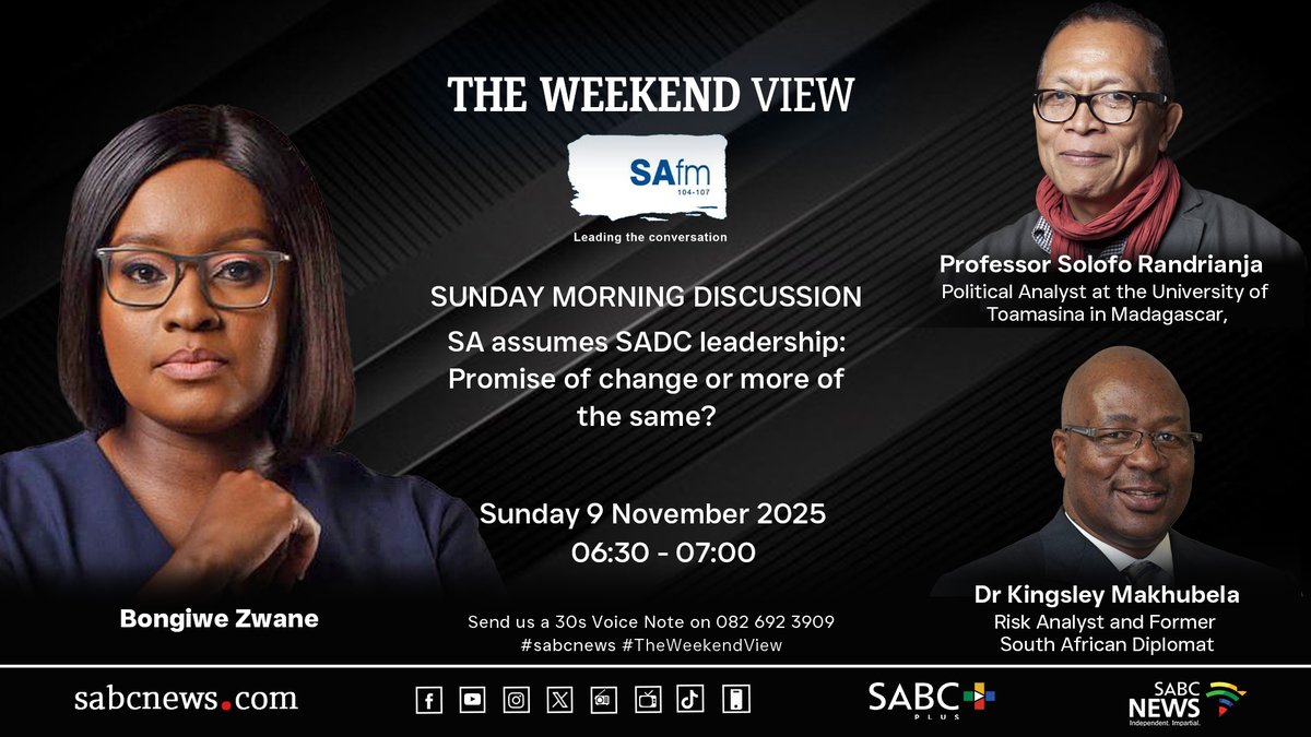 [SUNDAY DISCUSSION] SA assumes <a href="/SADC_News/">SADC Secretariat</a> leadership: Promise of change or more of the same?

Join #TheWeekendView conversation on <a href="/SAfmRadio/">SAfmRadio 📻</a>
on weekends between 06:00 and 07:00:

☎ 086 000 2032

📲 082 692 3909

📲 41391