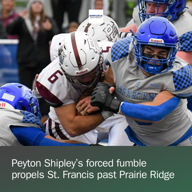 nwherald's tweet photo. Peyton Shipley made the biggest play of St. Francis' season as he forced a fumble late in the third quarter. St. Francis recovered and seized control in a 41-38 victory to knock off the previously unbeaten and Class 5A top-seeded Prairie Ridge. https://t.co/JIpomtsJeN