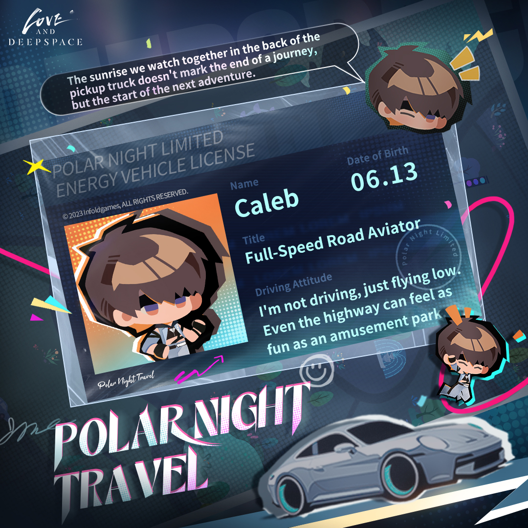 Love_Deepspace's tweet image. Music dances in your ears as neon lights blur past the window.
Unfold the roadmap, and set out toward your destination with him!

Racing down the highway beneath the night sky, he shows his unique driving style by your side.
Dawn is bound to come. Which moment during this journey…