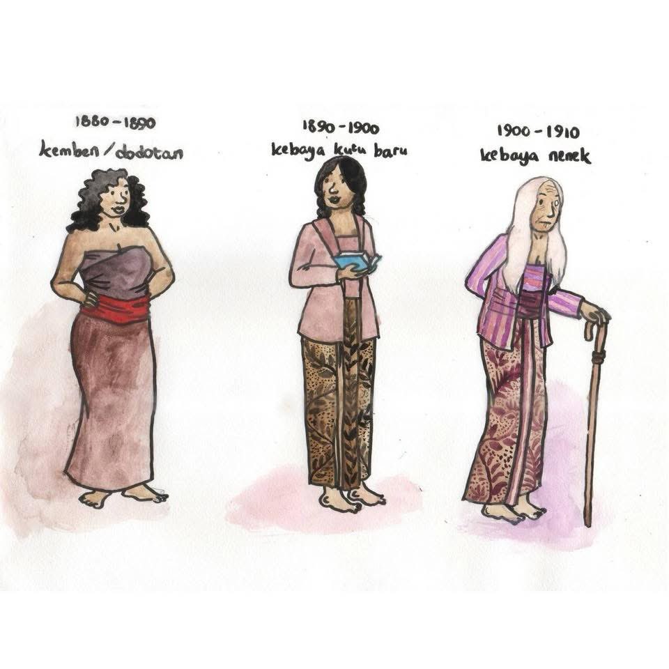 nightmarecrones's tweet photo. Bbrp tahun yg lalu, gue penasaran soal periode &amp; gaya kebaya, krn spt biasa, sumber informasi di internet jelek banget. Teman keluarga mantan gue adalah ahli busana senior &amp; beliau menceritakan sejarah singkatnya &amp; @bakungbulan mengilustrasikan kebaya dari zaman ke zaman. https://t.co/P7DkSRMlJb