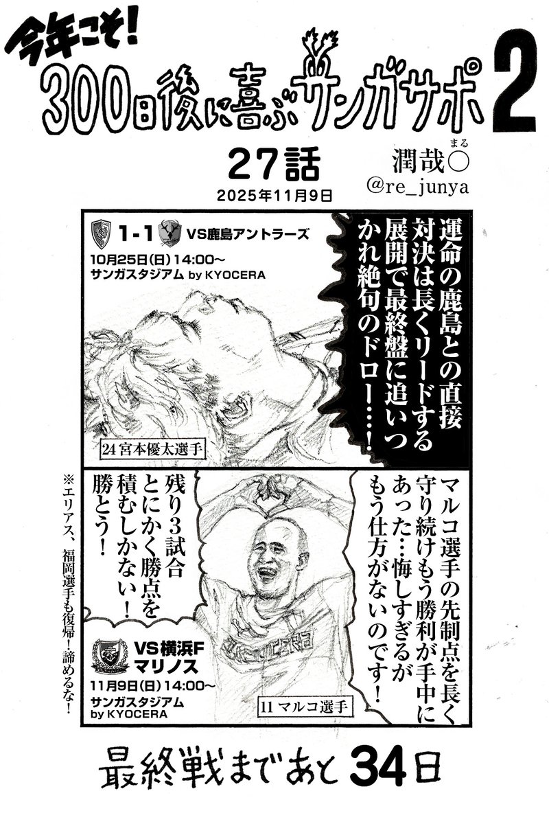 re_junya's tweet image. 試合直前のサンガ漫画は完成できず、絵の部分は鉛筆ラフ画のままで投稿します！（試合に間に合わないよりはいい…？）
最後の最後で崩れ落ちてしまった鹿島戦を糧に、残り3試合もう勝つしかない！全力で後押ししましょう！✊
#京都サンガ #京都サンガFC #WEBマンガ #宮本優太 #マルコトゥーリオ