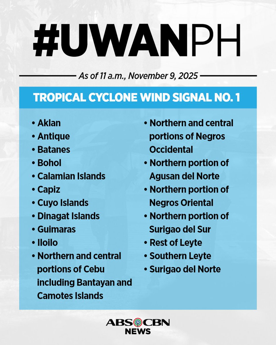 ABSCBNNews's tweet photo. (2/2) TINGNAN: Narito ang mga lugar na nasa ilalim ng Wind Signals dahil sa Super Typhoon #UwanPH, as of 11 a.m., Nov. 9, 2025. https://t.co/gyU48quhxq