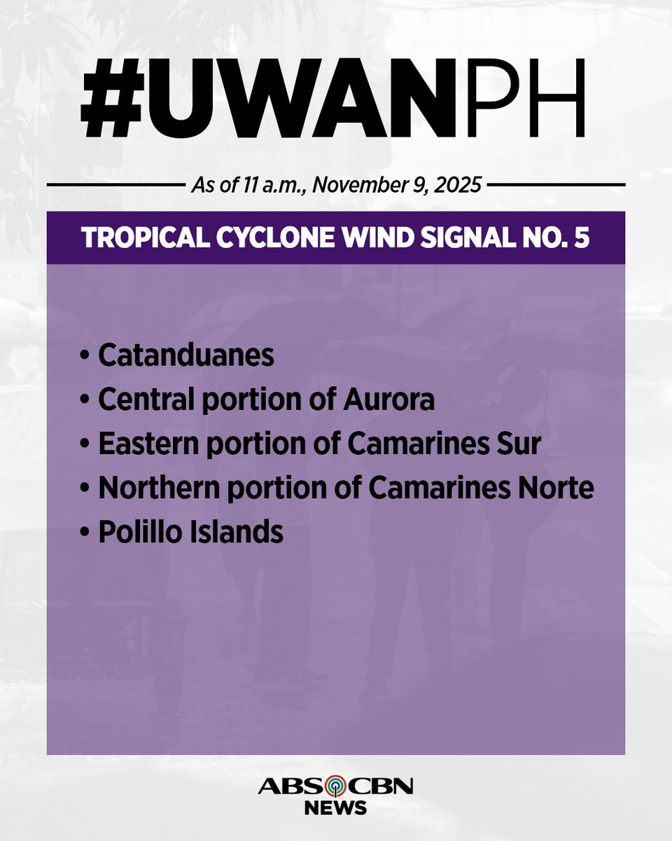 ABSCBNNews's tweet photo. (1/2) TINGNAN: Narito ang mga lugar na nasa ilalim ng Wind Signals dahil sa Super Typhoon #UwanPH, as of 11 a.m., Nov. 9, 2025. https://t.co/pLPCEpvu6y