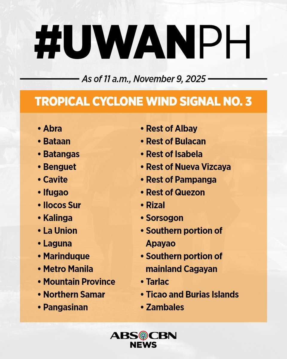 (1/2) TINGNAN: Narito ang mga lugar na nasa ilalim ng Wind Signals dahil sa Super Typhoon #UwanPH, as of 11 a.m., Nov. 9, 2025.