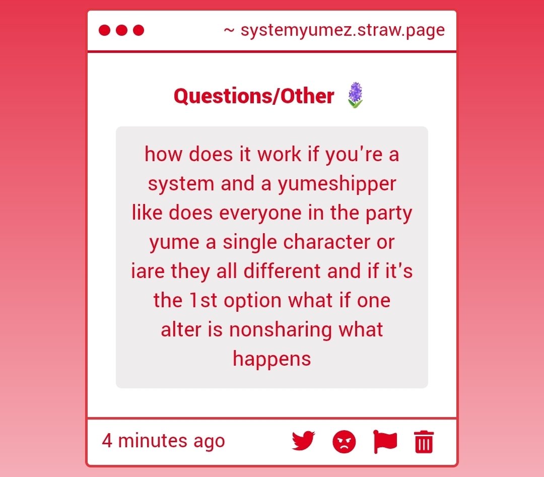 systemyumez's tweet photo. ♬ ⠂ ⠄ 🪻 #yumetwt 

Depends on the system - for the first part, most of us yume the same characters but we have an alter who yumes berdly from deltarune and the rest of us don't - the second, it depends on how frequently they front

This all depends on the system of course ^-^ https://t.co/UFFJt75uyc