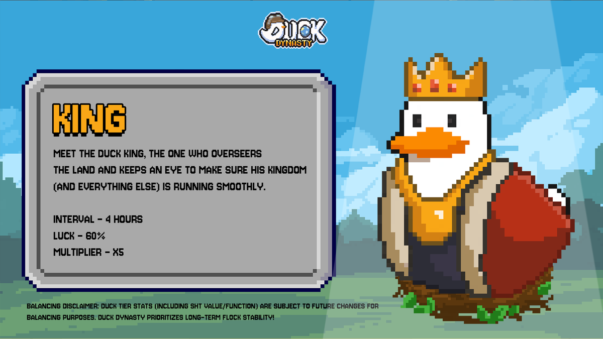 gQUACK! Give a salute to Our Liege! 👑

The Duck King tier is revealed! He oversees the entire kingdom, ensuring every barn runs smoothly and every duck is productive!

Here's a quick peek at how every Duck earns its keep:

• Luck: This is your Duck's chance of a successful