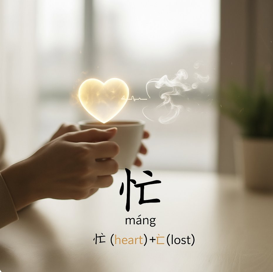learnWithMiro's tweet image. The Chinese word for “busy” is 忙 (máng).
It’s made of 忄 (heart) + 亡 (lost).
Literally: “the heart has been lost.”
Maybe we’re not really busy — just missing from the moment. 💛
#mindfulness #Chinese #busylife #reflection #miro