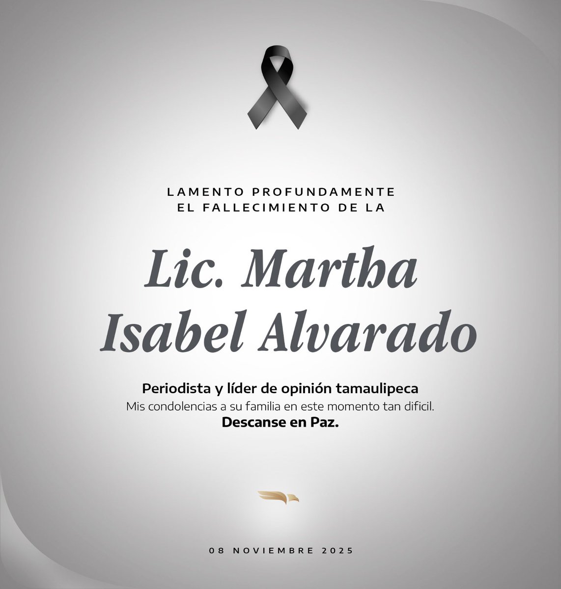 Lamento profundamente el fallecimiento de nuestra amiga periodista Martha Isabel Alvarado. 

Lider de opinión valiente y comprometida con el ejercicio responsable del periodismo.

Expreso mi más sentido pésame a su familia, amigos y colegas.

Descanse en paz.