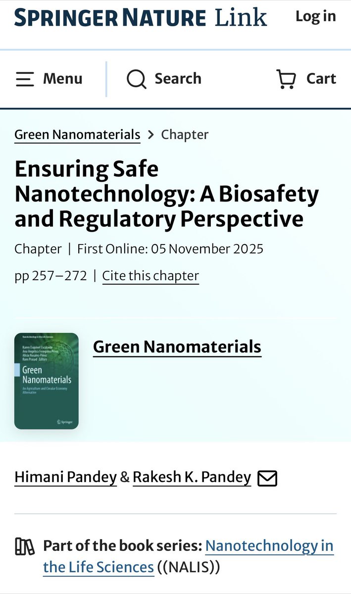 New Book Chapter! Congratulations to Dr. Himani Pandey!
“Ensuring Safe Nanotechnology: A Biosafety and Regulatory Perspective”
<a href="/IndiaDST/">DSTIndia</a> <a href="/ANRFIndia/">Anusandhan National Research Foundation</a> <a href="/MGCUBihar/">Mahatma Gandhi Central University</a> 

lnkd.in/gkzEWNY2