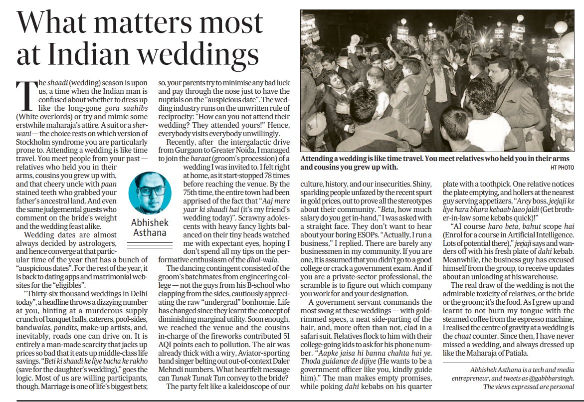 GabbbarSingh's tweet photo. 🚨 New Column:

Had a lot of fun penning this: "What matters most at an Indian wedding" My latest for Hindustan Times. Read, Share views :) https://t.co/Y96Jq92ORX