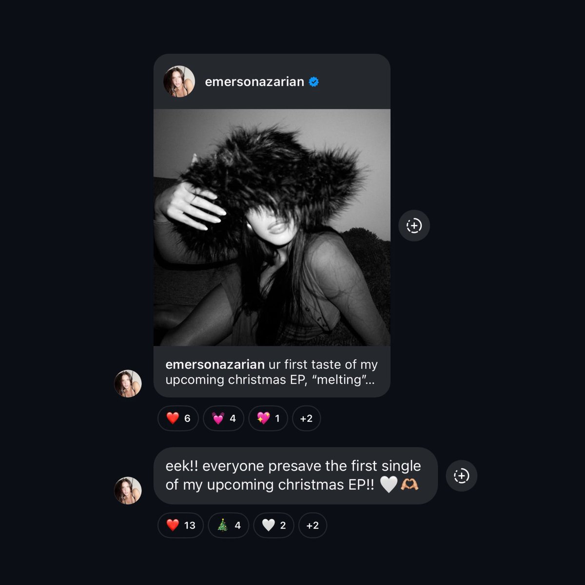 emerstansptnce's tweet photo. Emerson Azarian via Instagram channel:

“eek!! everyone presave the first single of my upcoming christmas EP!! 🤍🫶🏼” https://t.co/SFDxYX9H8y