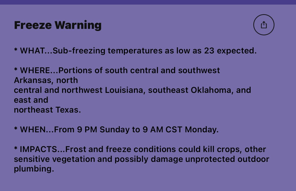 ETXprepare's tweet image. For Longview/ Gregg and surrounding counties.  NWS has now upgraded the Freeze Watch to a WARNING! 9 pm Sunday to 9am Monday.  This means a significant freeze is imminent! Check furnaces, CO2 detectors, disconnect hoses from the houses, cover plants, give animals shelter