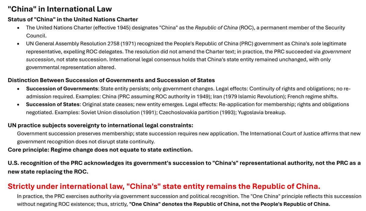 dapi_ppp's tweet image. "China" in International Law

Strictly under international law, "China's" state entity remains the Republic of China.