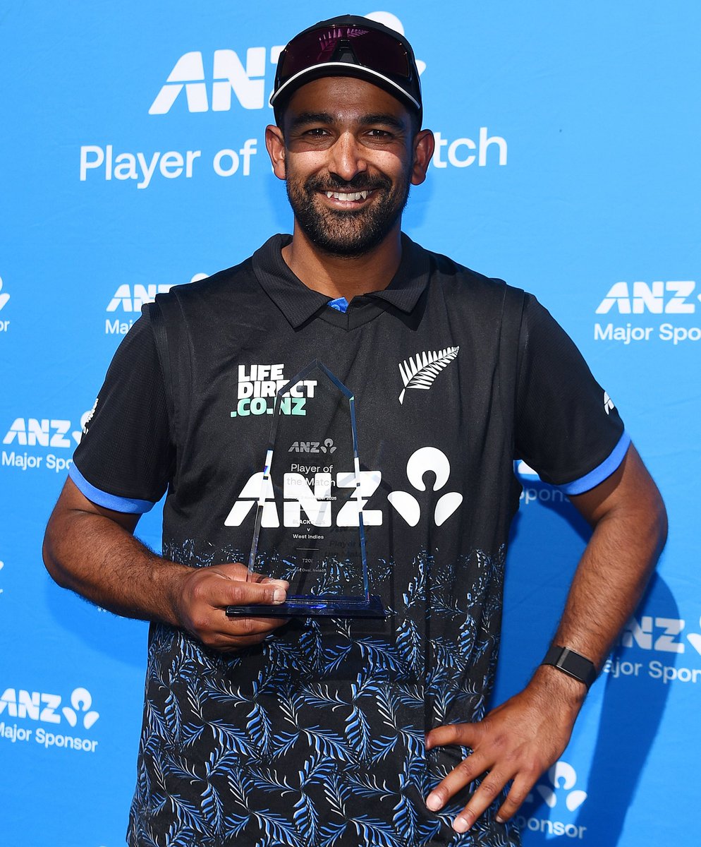Spin to win! 🌪️ 

With 3-36 from his 4 overs and an excellent piece of work to run-out Ackeem Auguste, today’s <a href="/ANZAotearoa/">ANZ Aotearoa</a> Player of the Match is Ish Sodhi! 🏅 

#NZvWIN | 📸 = <a href="/PhotosportNZ/">photosport.nz</a>