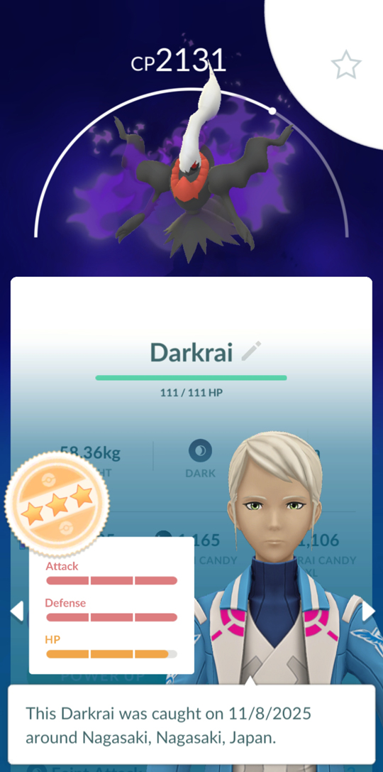 LucaRiolu100's tweet photo. 「Pokémon GO ワイルドエリア：長崎」

ダークライのリトレーン色違い100が欲しくてレイドばかりやっていたんだけど そんなに甘くはなく...
ただ そのおかげで高個体が獲れたのは良かった👍
やはりあくタイプはシャドウのエフェクトが似合うね👌

皆様 お疲れ様でした! https://t.co/2Cjj2Tyuza