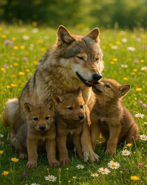 Jonatha60007393's tweet photo. Nouvelle vie du printemps dans la nature : une mère louve regarde ses petits joueurs parmi les fleurs. Le cycle de la nature, magnifiquement capturé.

#wolfmother #wolfcubs #wolffamily #springmeadow #wildflowers #wildlifephotography #animalsfamily #naturelove #majesticwolves #wildlifeconservation