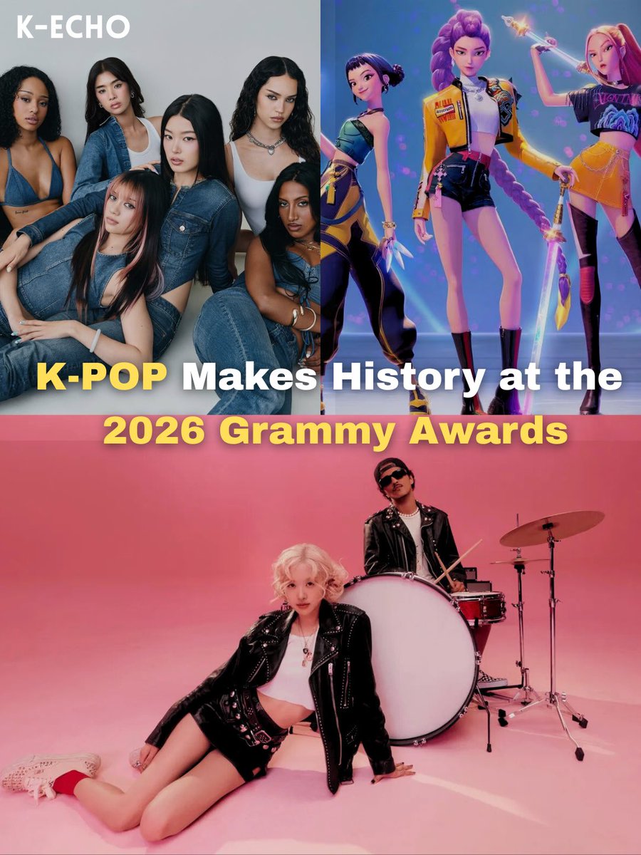 k_echomedia's tweet photo. K-pop finally breaks into the Grammys’ biggest categories! 🎶🔥

#GRAMMYs #ROSÉ #KATSEYE #GOLDEN #HUNTRIX https://t.co/r4yNvvrIcJ