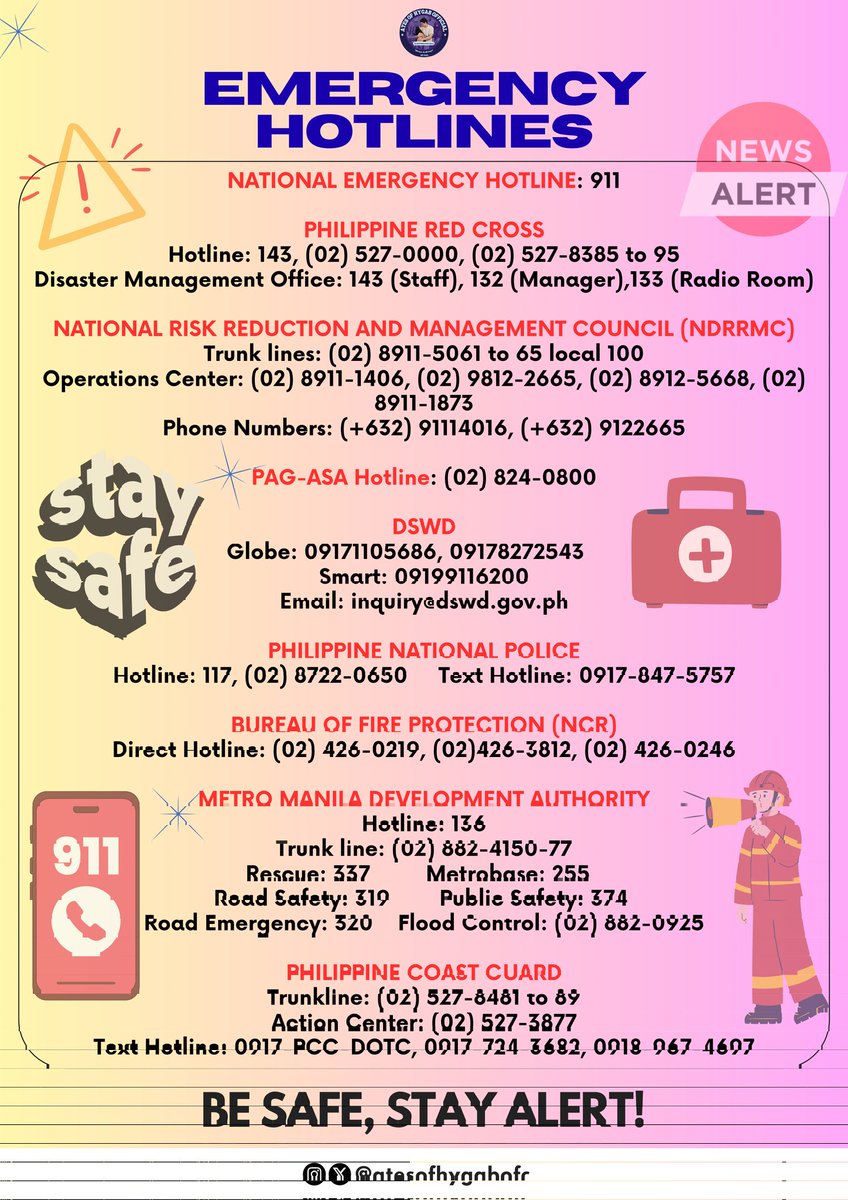 AtesOfHyGabOFC's tweet photo. In light of the calamity brought by Typhoon Uwan, let’s stay alert and prepared. For any emergency, don’t hesitate to reach out through the official hotlines provided. Your safety is the top priority — keep these numbers handy and share them with others. Stay safe, everyone. 💜 https://t.co/Xwldg3iYkq