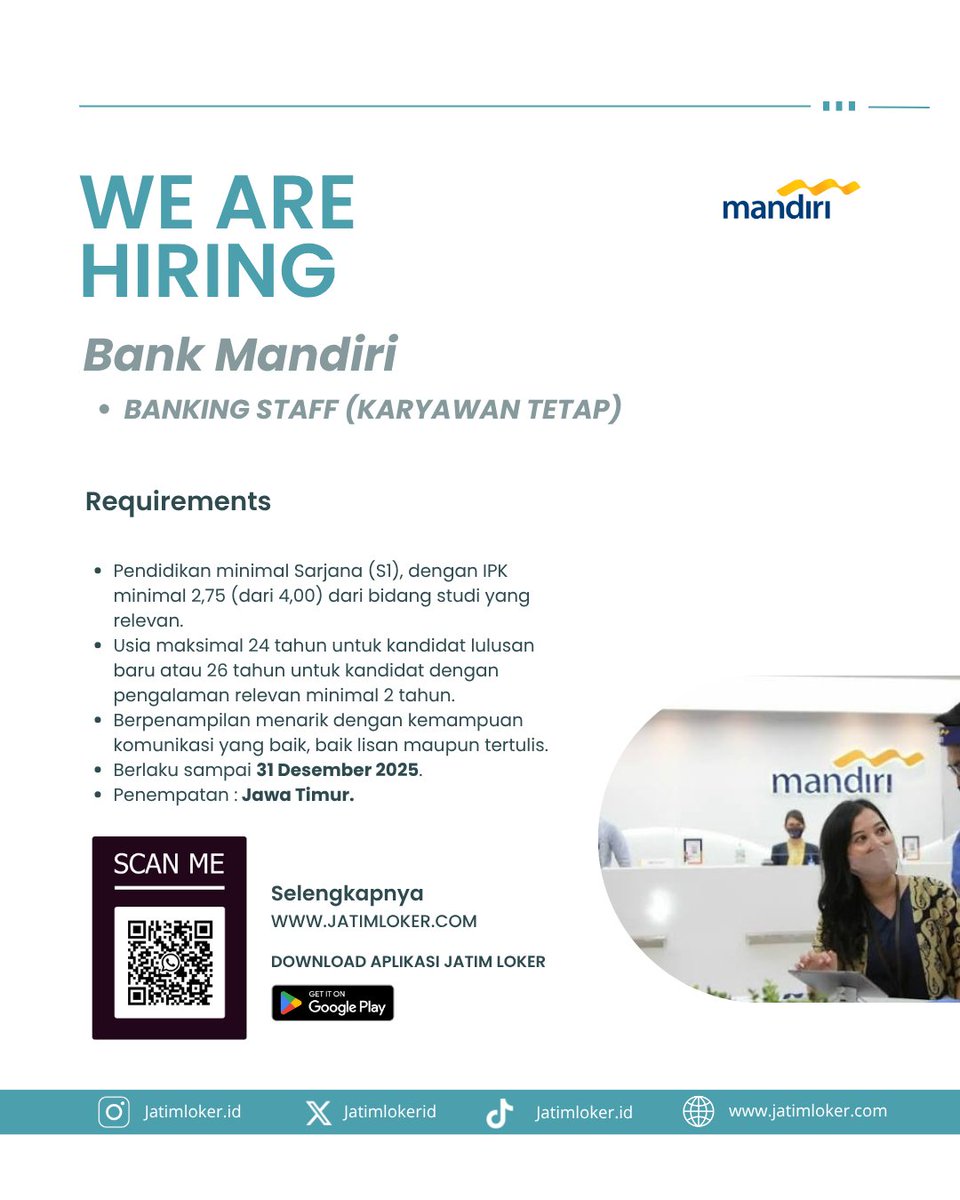 Jatimlokerid's tweet photo. Lowongan kerja Bank Mandiri dengan penempatan di Jawa Timur. Informasi selengkapnya silahkan buka Website Jatim Loker.

Jangan lupa follow akun IG kami untuk mendapatkan info seputar loker jatim.
#lokerjatim #lokerjatim2025 #lokersurabaya #lokermalang #senin #zonaba #zonauang https://t.co/R63pPbkAL9