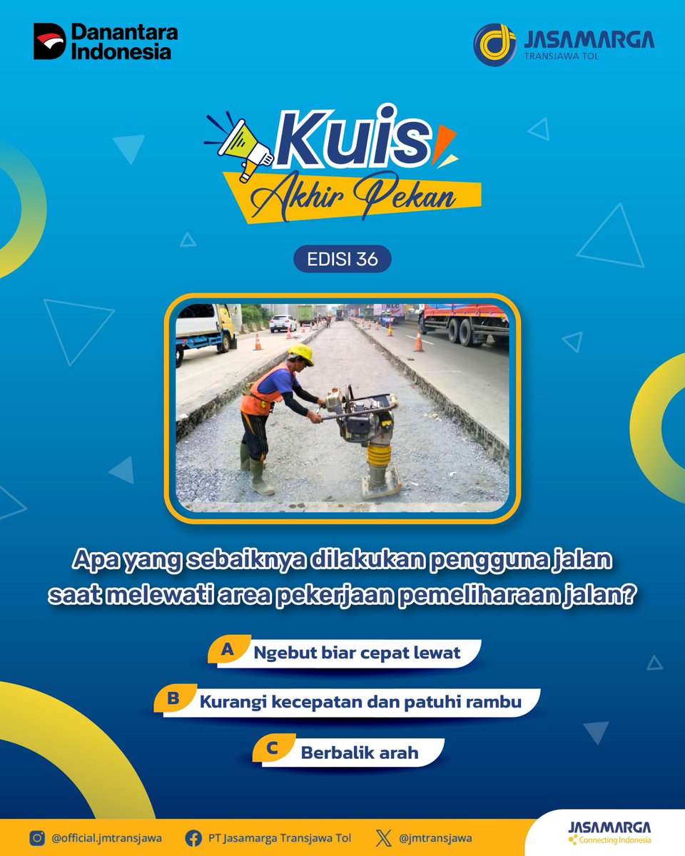 jmtransjawa's tweet photo. Yuhuu! Kuis Akhir Pekan siap Ngetes Kawan JM. Jangan sampai Gagal Fokus!

Ikutannya gampang banget, loh:
1. Follow dan subscribe semua akun media sosial Jasamarga Transjawa Tol
2. ⁠Like dan share postingan ini sebanyak-banyaknya https://t.co/AUNNYDkrHx