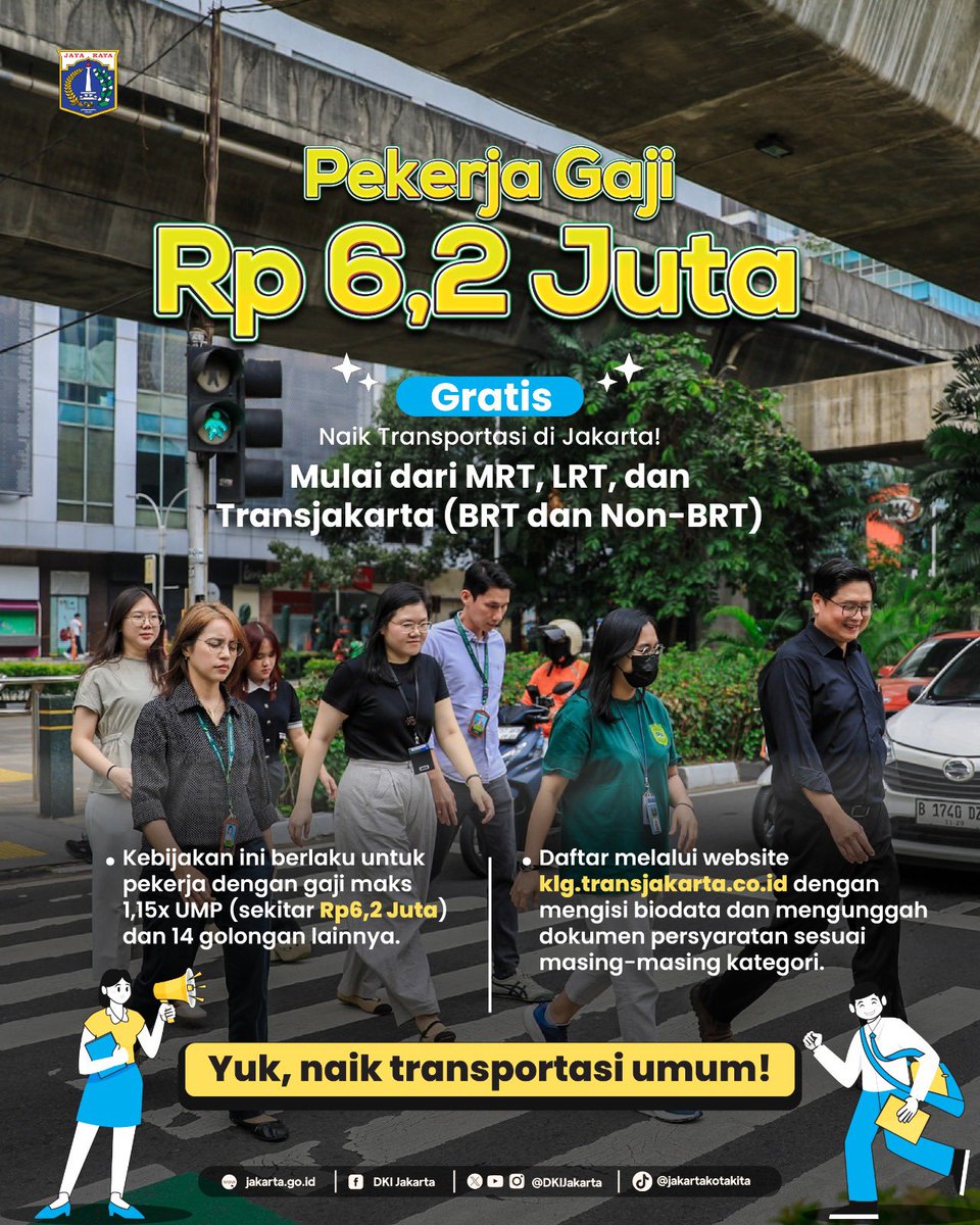 Kalian pekerja di Jakarta, gaji Rp6,2 juta?
Naik transportasi umum bisa GRATIS lho! 😍

Mulai dari MRT Jakarta, LRT Jakarta, sampai Transjakarta. Semua bisa kamu pakai buat berangkat kerja, hemat dan tentu aja nyaman.

Gimana caranya? Daftar aja langsung di