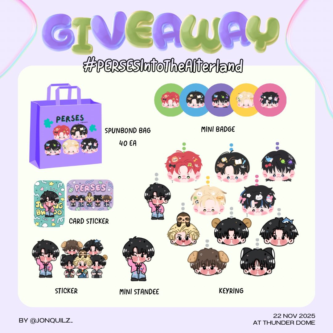 jonquilz_'s tweet photo. ♡ GIVEAWAY for 
#PERSESIntoTheAlterland ♡

ꕀ Random 280 set ꕀ
① standee / keyring
② sticker / badge

✿ pls rt and show this tweet for bag ✿
꒰ Spunbond bag 40 ea ꒱

#PERSES_TH #PERSES https://t.co/pnfsUCmAMk