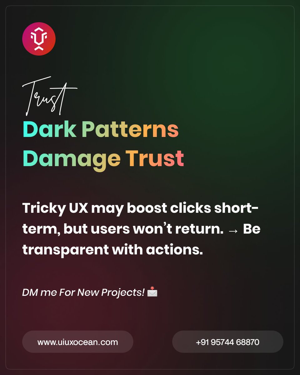 rajesh_uiux's tweet image. Dark Patterns Damage Trust

Tricky UX may boost clicks short-term, but users won’t return. → Be transparent with actions.

DM me For New Projects! 💌

🌐 uiuxocean.com
 📞 +91 95744 68870

#UIDesign #UXDesign #UserExperience #UXTips #UIDesigner #UXDesigner