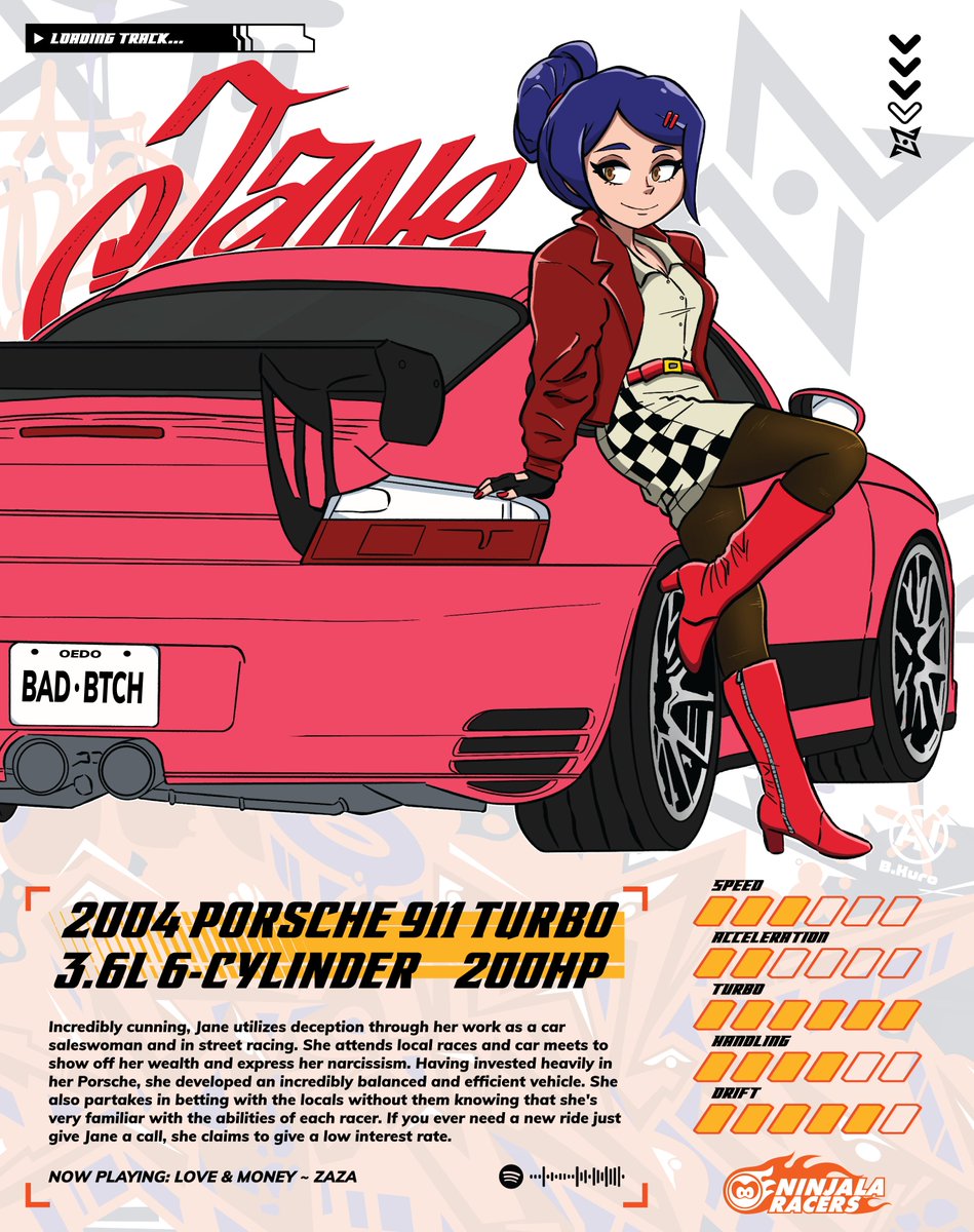 BookerKuro's tweet image. Scheming through the races comes Jane! A car saleswoman who loves to show off her wealth to all who will see. Give her a call if you need a ride, you won&apos;t find a better deal 💅
#NinjalaRacers
#Ninjala #ニンジャラ #Ninjalaart