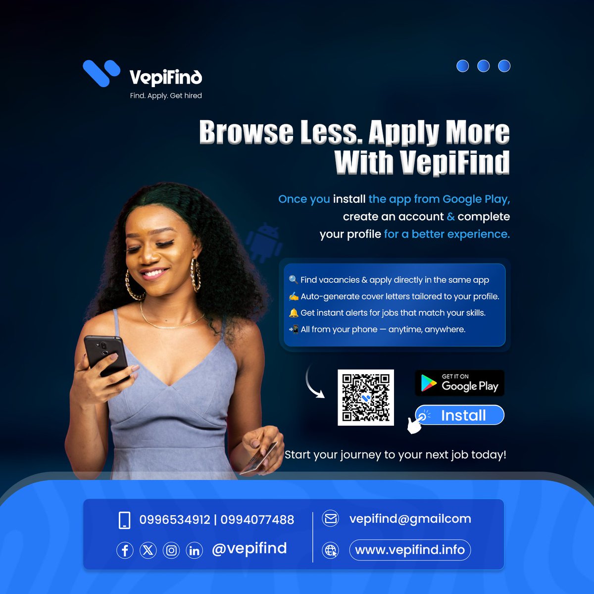 VepiFind's tweet photo. Browse less. Apply more β all in one app! πΌπ²
Find jobs, auto-generate cover letters & apply instantly with VepiFind.
Start your journey today π
https://t.co/sbABCIclbo
#VepiFind #JobsMadeEasy #MalawiJobs https://t.co/URUeklnwCc