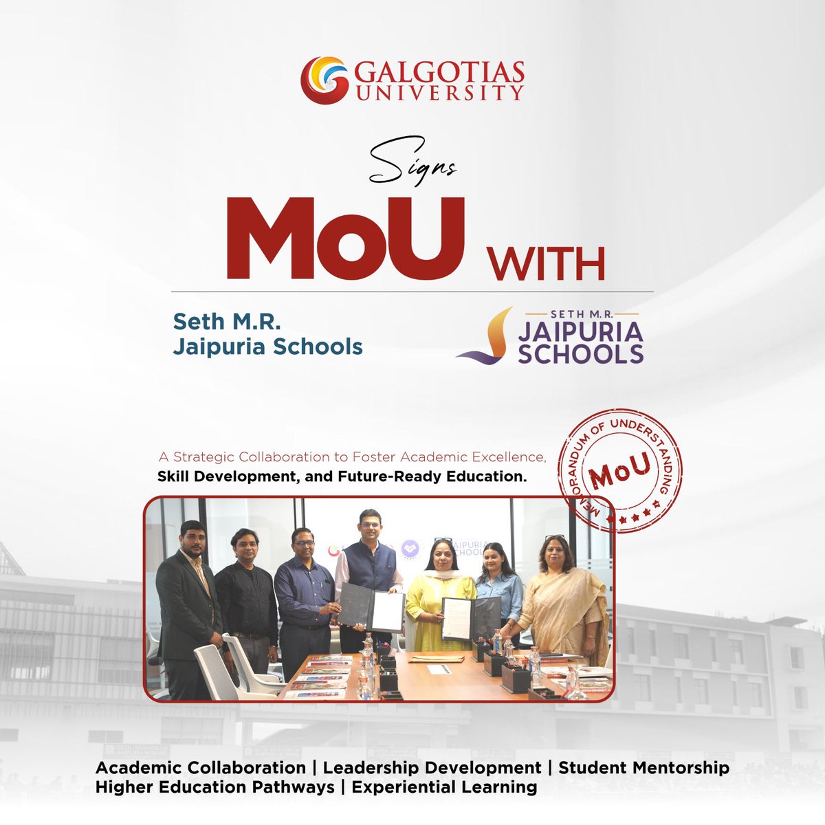 Galgotias University Signs MoU with Seth M.R. Jaipuria Schools

Galgotias University has entered into a strategic collaboration with Seth M.R. Jaipuria Schools to foster academic excellence, leadership development, skill enhancement, and future-ready education. This partnership