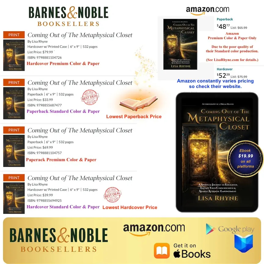 TheDreamMasters's tweet image. Arrangements are when I die, this book will be removed from publication.
Either I&apos;ll remove it or the Executor of my estate will remove it along with all my online sites and accounts.
If you ever want a copy of this book, get it before I leave this world. LisaRhyne.com/comc