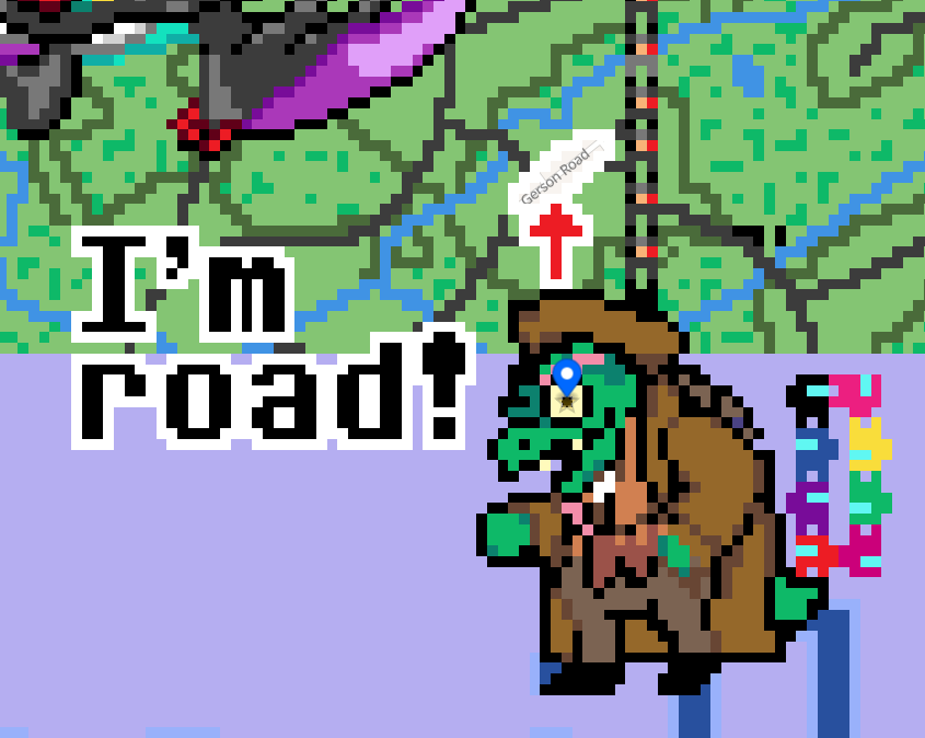 been seeing wplace pop up again so i went back to our Gerson drawing after like two months and not only has it been completely untouched by the surrounding drawings, they even left the little road text on the actual map visible 🥺