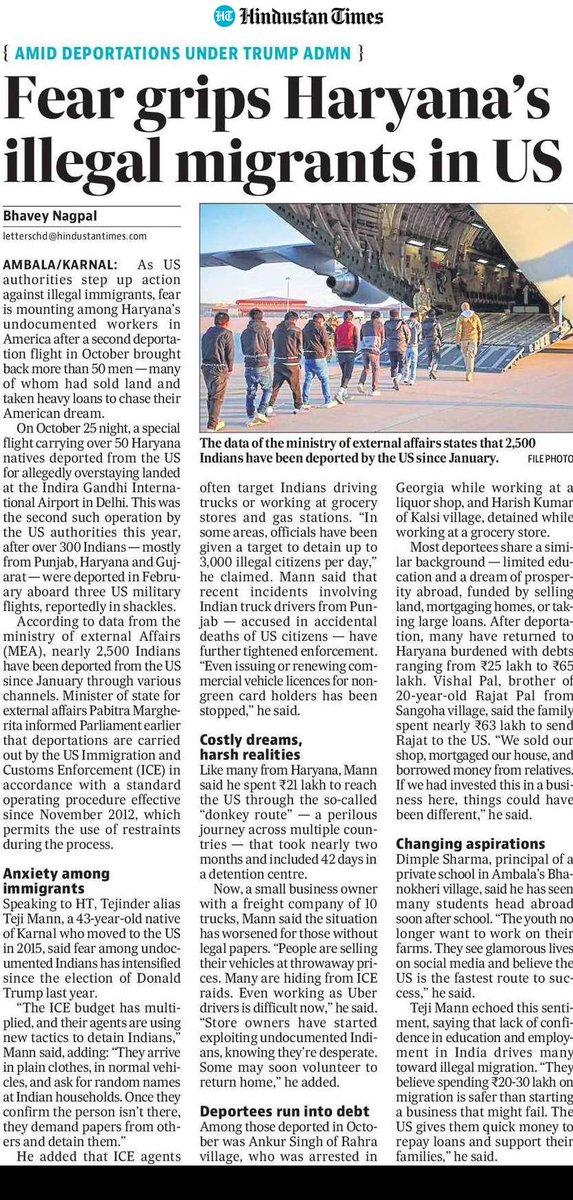 Following the mass deportation of Haryana men from the USA this year, a sense of fear is growing among those still living illegally in the foreign country. 

I try to explain for <a href="/htTweets/">Hindustan Times</a>

<a href="/vinayak_ramesh/">Ramesh Vinayak</a> <a href="/SharmaPawanht/">Pawan Sharma</a> <a href="/CMOhryShadow/">Haryana Shadow</a> <a href="/rssurjewala/">Randeep Singh Surjewala</a>

hindustantimes.com/cities/chandig…