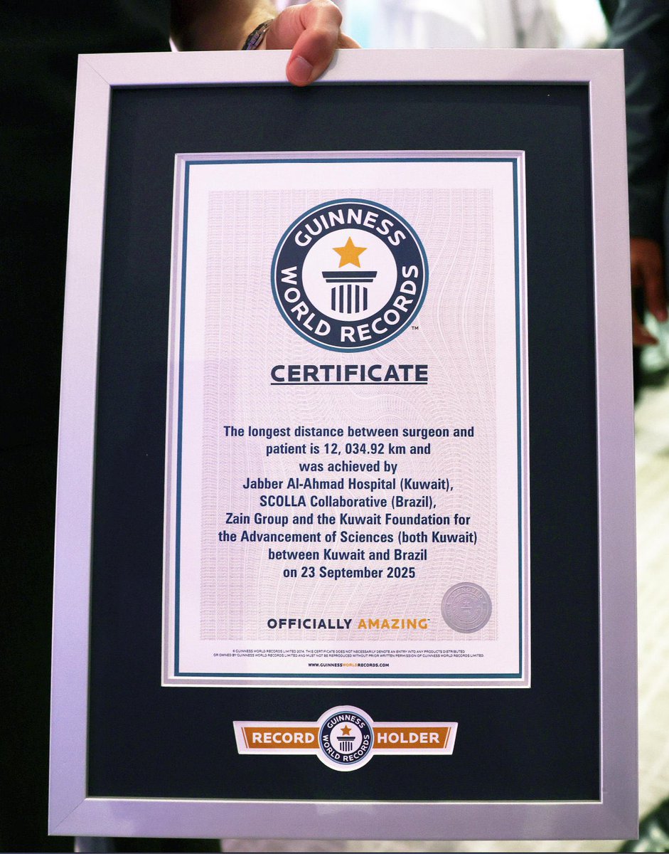 クウェート国がギネス世界記録に登録
世界最長の大陸間ロボット手術を実施。
•手術はクウェートの ジャーベル・アルアフマド病院 と
ブラジルの クルス・ヴェルメーリャ病院 の間、
12,034.92 キロメートル の距離で行われました。

#クウェートが世界記録達成