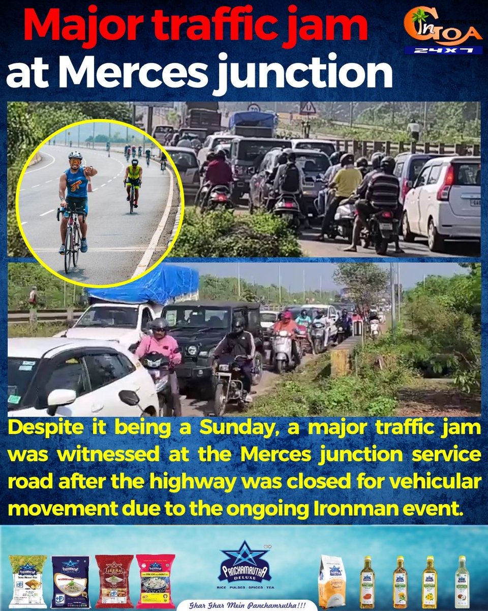 Despite it being a Sunday, a major traffic jam was witnessed at the Merces junction service road after the highway was closed for vehicular movement due to the ongoing Ironman event.

#Goa #Goanews #MajortrafficJam #Mercesjunction  #Ironmanevent