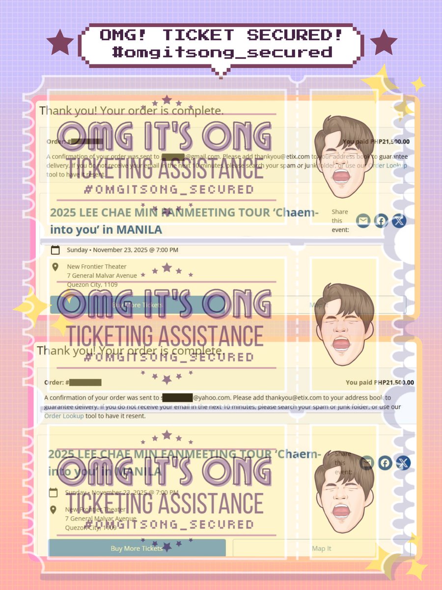 omgitsong_101's tweet photo. #OIO_proofs
OMG, Tickets secured for LEE CHAE MIN FAN MEETING TOUR āChaem-into youā in MANILA
āØTicket secured under client's details!
ā
5 VIP
ā
1 Balcony
āTICKETS NOT FOR SALEā
#LEECHAEMIN_TOUR_IN_MNL #Chaemintoyou #Chaemintoyou_in_manila #ģ“ģ±ėƼ #LeeChaeMin #ć¤ćć§ćć³ https://t.co/OX1FkdxEus