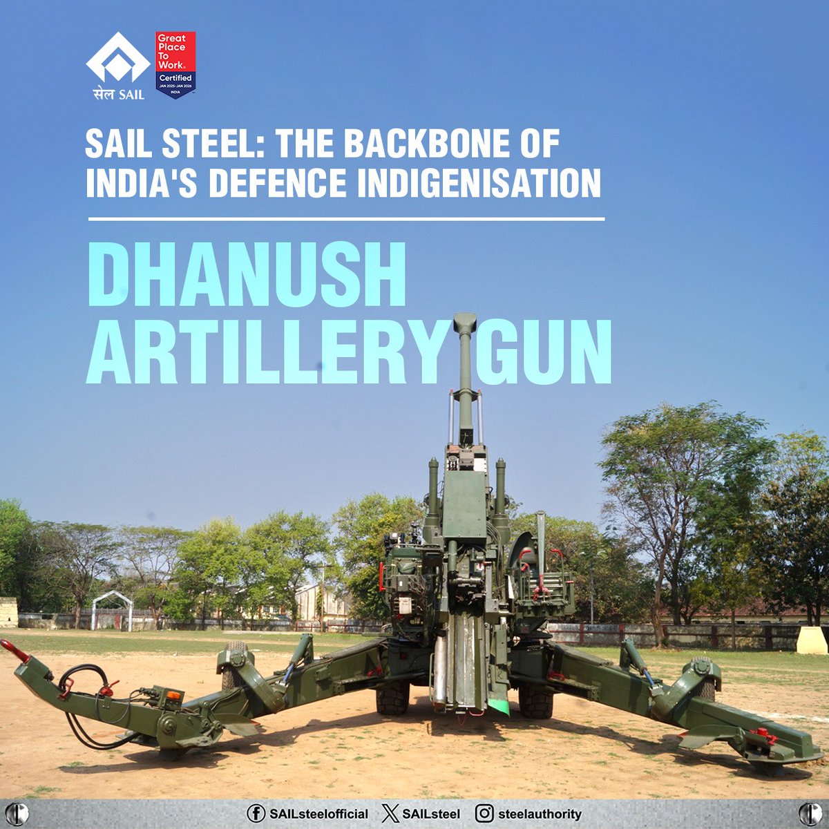 SAILsteel's tweet image. Strengthening the nation’s defence with indigenously developed Dhanush Artillery Guns, which have been forged with high-grade SAIL steel for unmatched precision, power and reliability.

#SteelForDefence #AtmanirbharBharat #MakeInIndia #NationFirst #ForgedInIndia