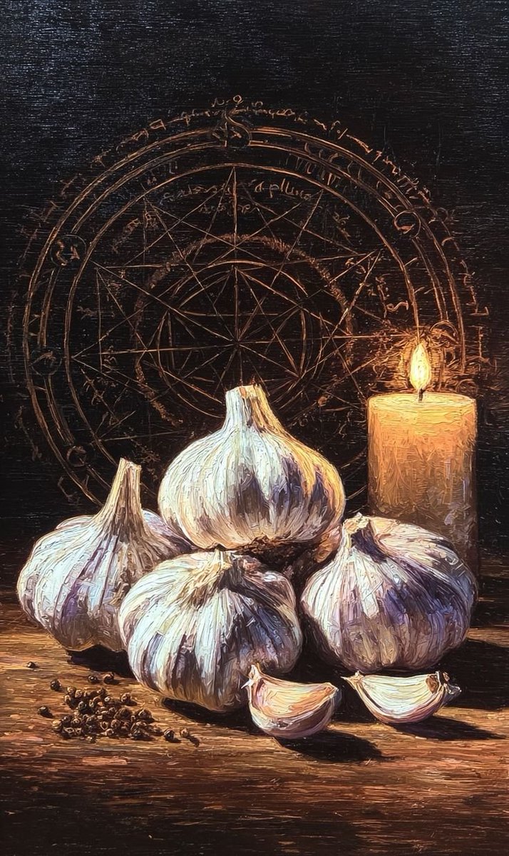 "Strong garlic wards off all undead
The bloodless vampires go unfed.
Hang strands above your door and home;
You'll have no visitors from the tomb.
No sick nor evil can invade
Wherever garlic cloves are laid."
~ Delarosa Laskovna

#FolkloreSunday