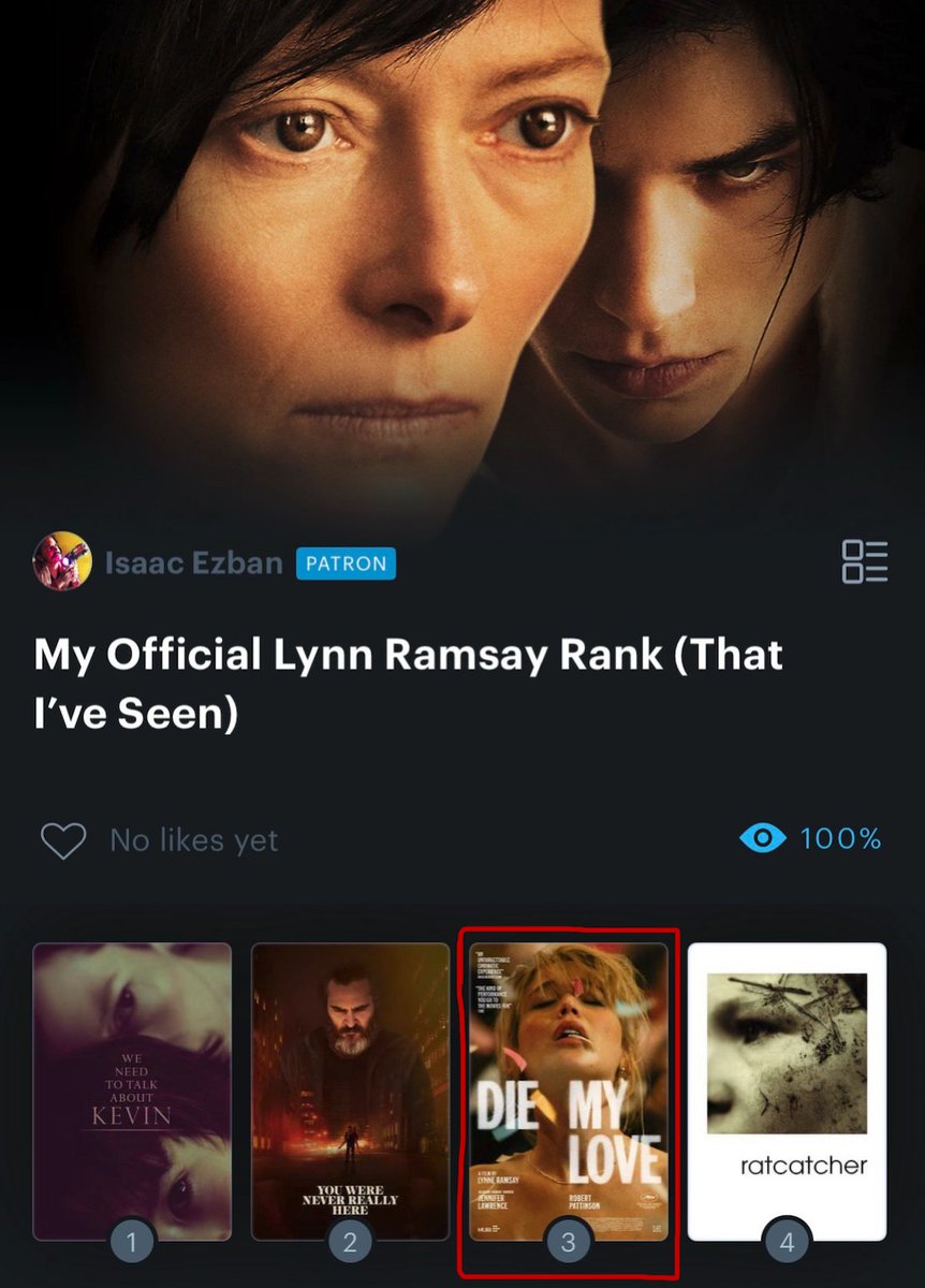 IsaacEzban's tweet image. Celebrating the release of Lynn Ramsay´s #DieMyLove (now on theaters, soon on Mubi), this week on #ListOfTheWeek # 288, MY OFFICIAL LYNN RAMSAY RANK (THAT I´VE SEEN)....

Although I liked some aspects of the narrative and structure of this film and I consider her an interesting