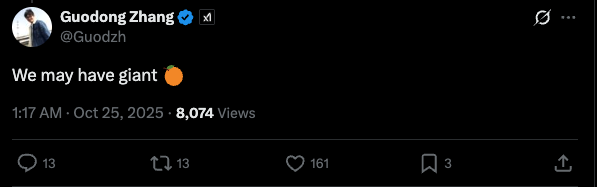 ieij's tweet image. The least likely outcome is always the most likely.

People aren&apos;t realizing that &quot;Giant Orange&quot; as the codename for Grok Imagine 1.0 reflects a calculated move by @xai .

Notice how user @@Guodzh from xAI tweeted &quot;We may have giant 🍊&quot; on the 25th of October.

Linguistic cues…