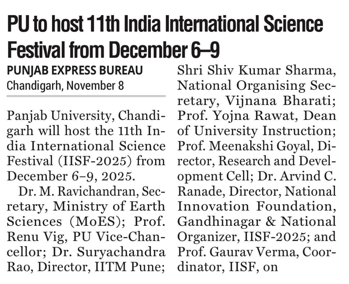 IISF2025's tweet image. Curtain Raisers for #IISF2025 are making headlines! Your stories are amplifying science engagement across India as we build toward 6–9 Dec at Panjab University, Chandigarh. Appreciation to all media partners. #ScienceForAll