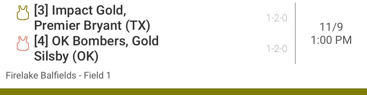 Catch us at 1:00pm tomorrow for Bracket play 💪🏽

Firelake Fields, Field #1
Shawnee, Oklahoma