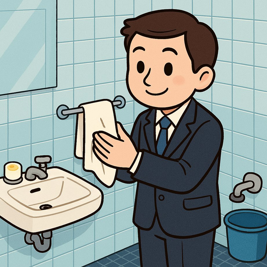 お店や会社のトイレでは、掃除のおばちゃんが掛けてくれたタオルがタオル掛けにぶら下がってて、それでみな手を拭いてた。衛生観念はなかった。（画像：AI） mtbrs.net/ps_natsukashi_…