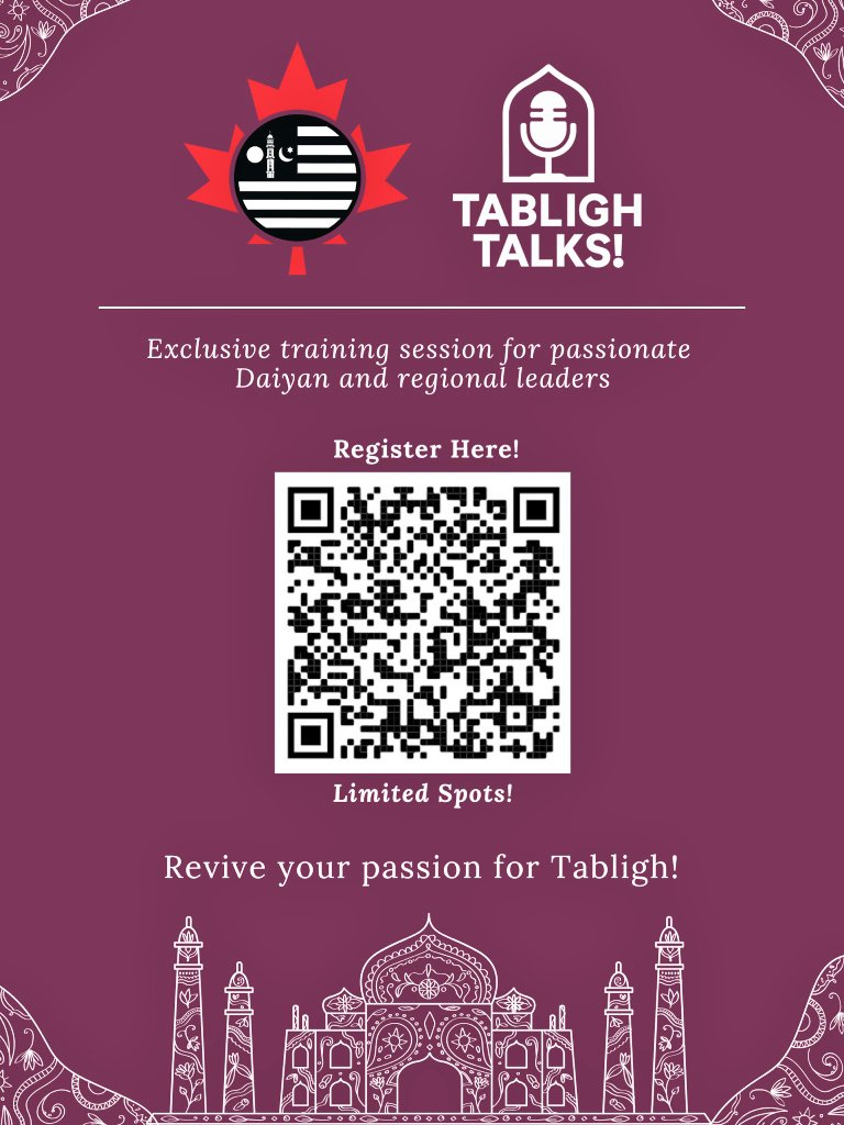 Our Tabligh team is holding an exclusive training session for Khuddam in GTA 🇨🇦 interested in learning effective means of doing Tabligh.

You can help us with your prayers as we revive a passion for spiritual outreach among our youth 💯

Limited Seats:
tinyurl.com/TablighTalk