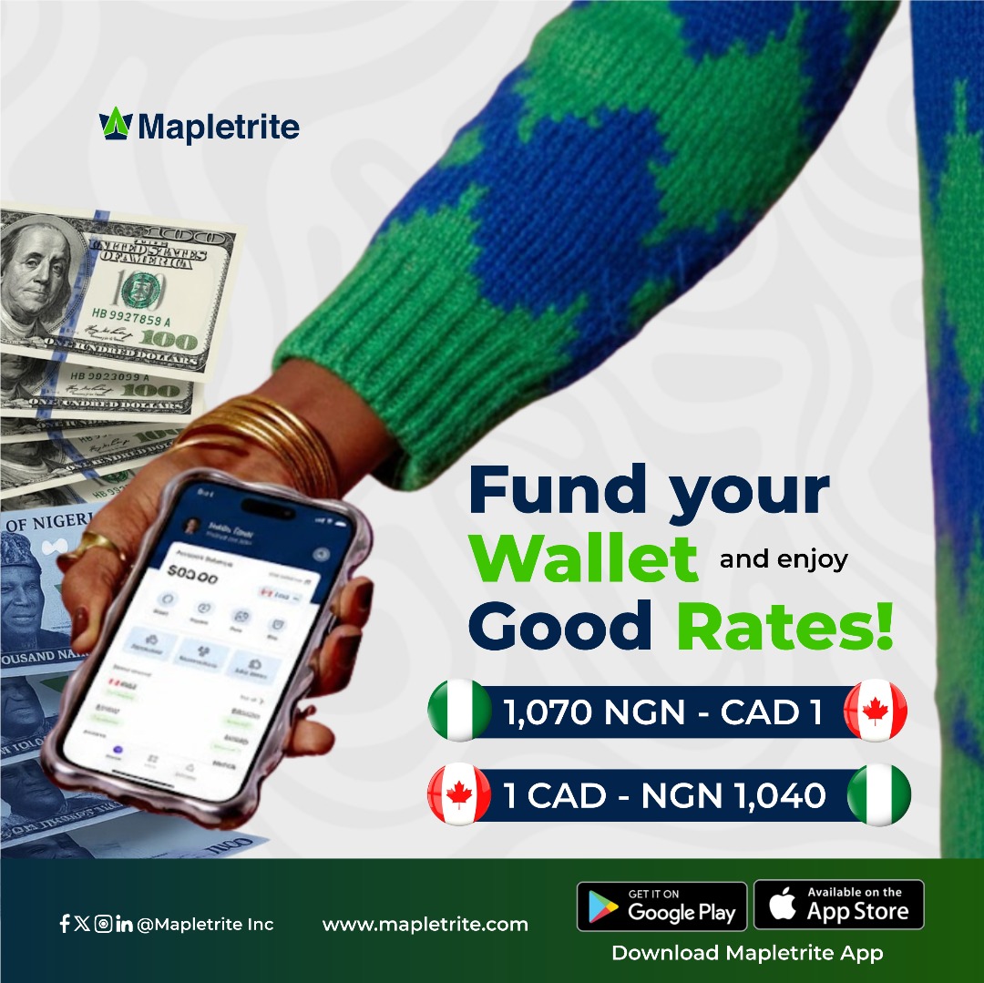 mapletrite's tweet photo. 💸 Get More Value for Every Dollar!
With Mapletrite, you don’t just fund your wallet — you enjoy amazing exchange rates that help your money go further. 🌍

✅ 1,070 NGN = 1 CAD
✅ 1 CAD = 1,040 NGN https://t.co/wLtDcwBhpA