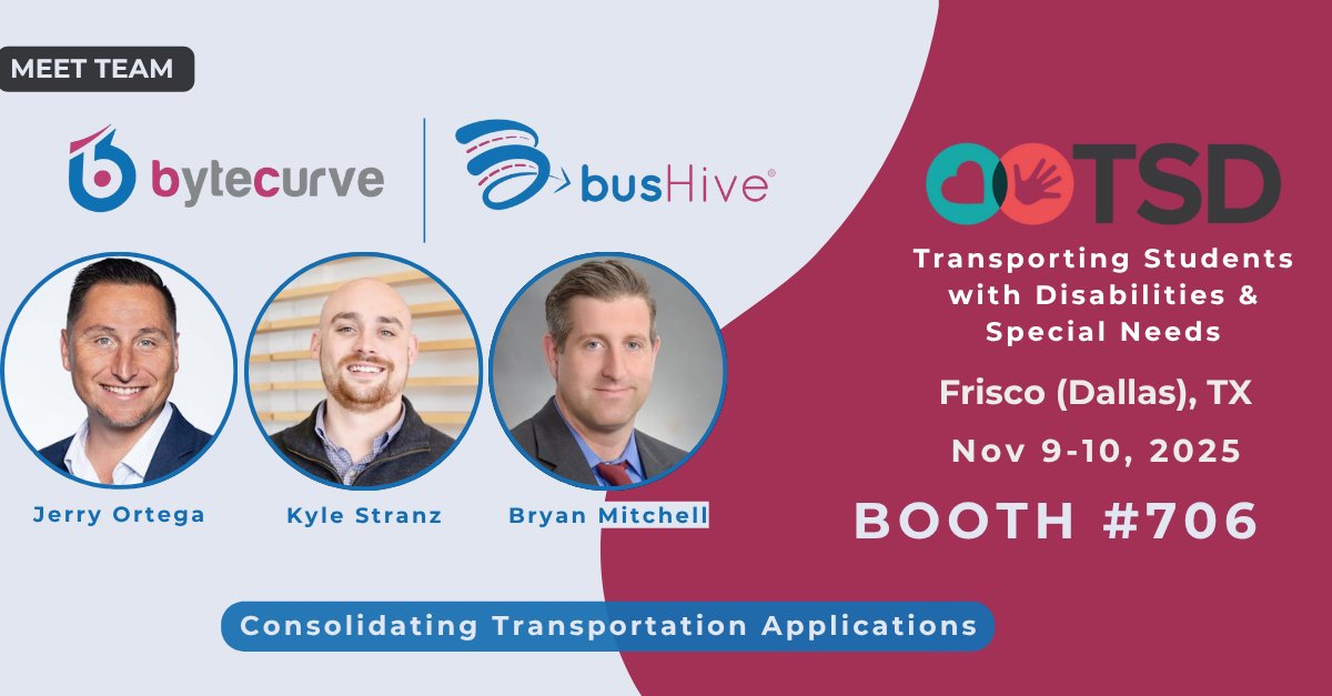BytecurveLLC's tweet image. The @BytecurveLLC  bushive team is looking forward to seeing you today at #TSD2025 Tradeshow in Frisco, Texas.
Come by booth #706 to meet the team. 

#PayrollSolutions #SchoolTransportation #RoutingSoftware #Efficiency #Bytecurve #bushive #FieldTripManagement #K12Operations